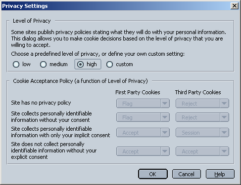 Netscape 7's P3P cookie preferences dialog